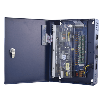 Fuente de poder profesional de 12-14.8 Vcc @ 16 Amper ; para 16 cámaras , Voltaje de entrada : 96-264 Vca, con capacidad de batería de respaldo, requiere batería. PLK-12-DC-16A EPCOM POWERLINE
