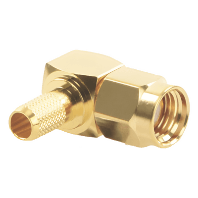 Conector SMA Macho Inverso / Ángulo Recto / Anillo Plegable / Cables RG-58/U y RG-142/U / Cuerpo Bronce Oro / Aislante Teflón