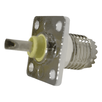 Conector Mini-UHF Hembra / Montaje 4 Perforaciones 13 mm (0.51 in) / Cuerpo Níquel / Contacto Oro / Aislante Baquelita / Soldable RFU-603-1 RF INDUSTRIES,LTD