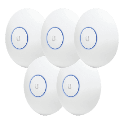 Paquete de 5 Access Point UniFi de largo alcance, Doble banda 802.11ac MIMO2X2 para interior, PoE 802.3af, soporta 250 clientes, hasta 867 Mbps, Los equipos no incluyen poe se sugiere comprar aparte el modelo POE-24-12W-G UAP-AC-LR-5 UBIQUITI