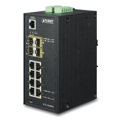 Switch Industrial Administrable / 8 Puertos 10/100/1000T RJ45 / 4 Ranuras 100/1000X SFP / 12-72V DC / 17.85 Mpps IGS-12040MT PLANET