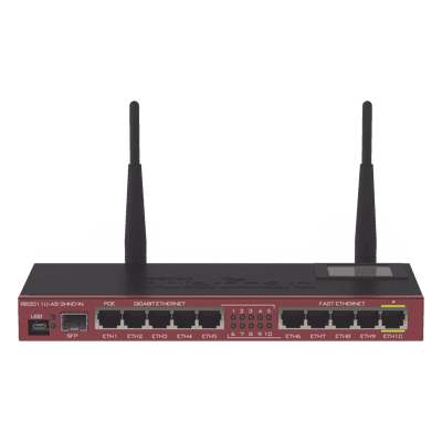 Router Board, 10 Puertos Ethernet, 1 Puerto SFP, Wi-Fi de Gran Cobertura 2.4 GHz Antenas de 4 dBi, hasta 1 Watt de potencia RB2011UIAS-2HND-IN MIKROTIK