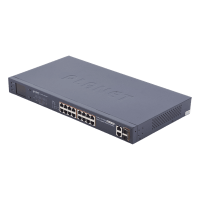 Switch PoE+ / 16 Puertos 10/100 Mbps / 2 Gigabit Combo TP/SFP / 300W / LCD y VLAN Extended / ±4kV FGSW-1822VHP PLANET