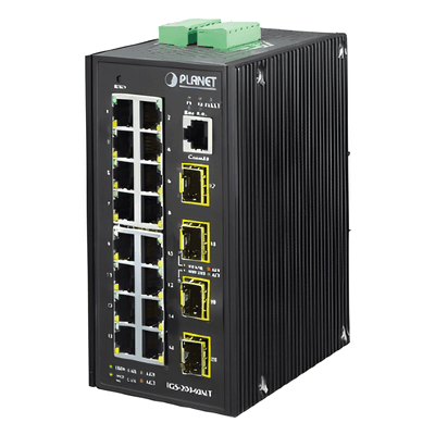 Switch Administrable Industrial / 16 Puertos Gigabit RJ45 / 4 SFP / -40°C a 75°C / IP30 / Fuente Redundante 12-48V DC IGS-20040MT PLANET