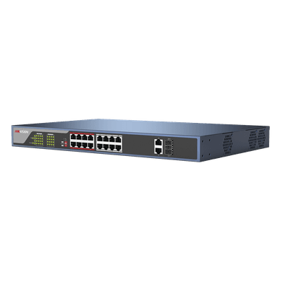 Switch PoE 250 Metros Larga Distancia / 16 Puertos 802.3at (30 W) 100 Mbps + 2 Puertos Gigabit + 2 Puertos SFP DS-3E03-18PE HIKVISION