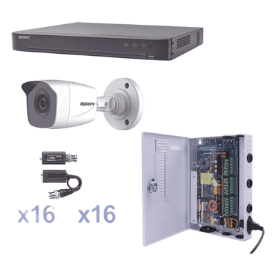 Kit TurboHD / DVR 16 Canales Pentahíbrido / 16 Cámaras Bala 1080p / IR 20 m (65.6 ft) / Fuente de Poder Profesional / Transceptores UTP KEVTX8T16BW EPCOM PROFESSIONAL