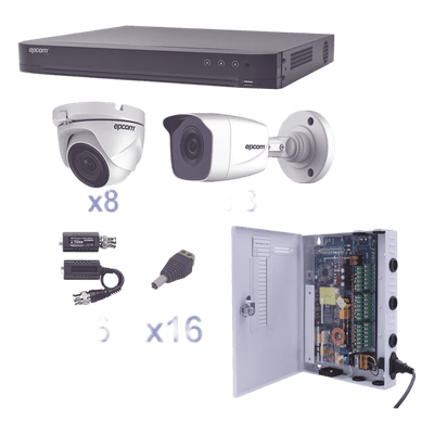 Kit TurboHD / DVR 16 Canales / 16 Cámaras 1080p / 8 Bala y 8 Eyeball / Lente 2.8 mm / IR 20 m (65.6 ft) / Fuente de Poder 18 Canales / Transceptores UTP KEVTX8T8B/8EW EPCOM PROFESSIONAL