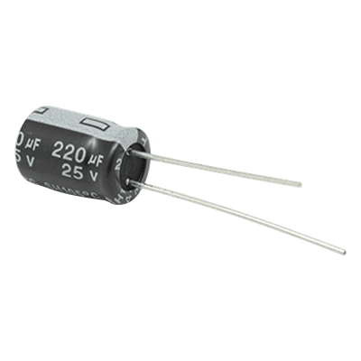 Capacitor Electrolítico Radial / 220 µF / 25 Vcc / 105 °C / 8 x 11 mm / 2000 h Durabilidad CE220/25V SYSCOM