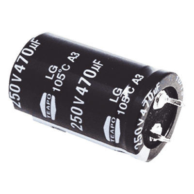 Capacitor Electrolítico de Aluminio / 470 µF / 250 VDC / 105 °C / 25 x 40 mm / Radial CE470/250V SYSCOM