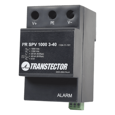 Supresor de Sobretensiones / 1000 VDC / 20 kA In / 40 kA Imax / Tipo 2 / DIN Rail / 25 ns I2R-SPV1000-3-40 TRANSTECTOR