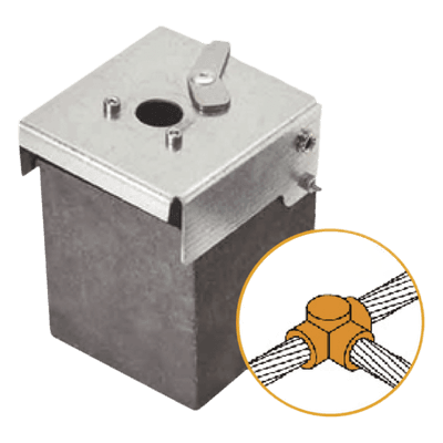Soldadura Exotérmica / Unión T Horizontal / 1/0 AWG (50 mm²) / 50 Soldaduras / Grafito con Tapa Electrogalvanizada ATW10/W10/TH APLICACIONES TECNOLOGICAS