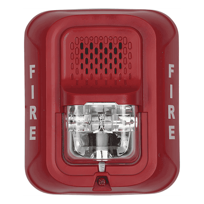 Sirena con estroboscopio / 2 hilos / 12-24 Vcd / candela 15 a 185 seleccionable / rojo con leyenda FIRE / Serie L P2R-L SYSTEM SENSOR