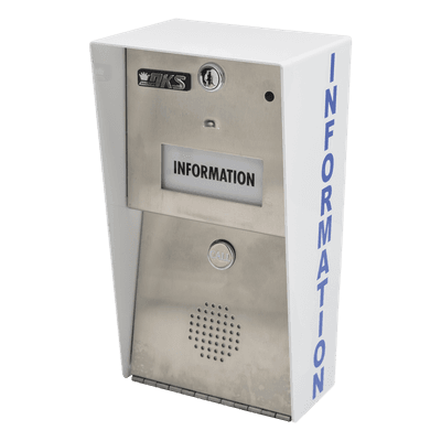 Estación de información / Comunicación full duplex / Línea telefónica analógica, digital o VoIP / Marcación automática 10 u 11 dígitos / Transformador 16 VCA 20 VA incluido 1819-080 DKS DOORKING