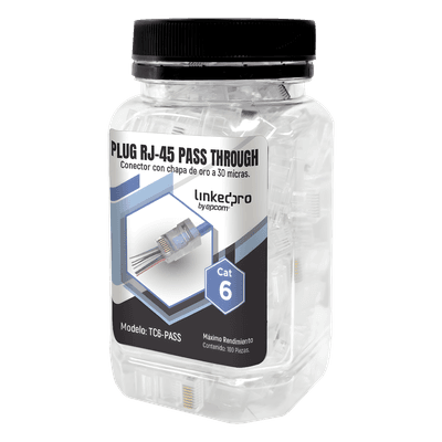 Bote de Plugs Pass Through RJ45 Cat6 / 100 Piezas / Sin Blindaje / Chapado Oro 30 Micras / Diseño Monopieza TC6-PASS LINKEDPRO BY EPCOM