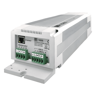 Etapa de potencia IP / 2×25W estéreo o 1×50W mono / Carril DIN / RTP-SIP-Modbus / WAV-MP3 / 8 GB 10205 EGI AUDIO SOLUTIONS