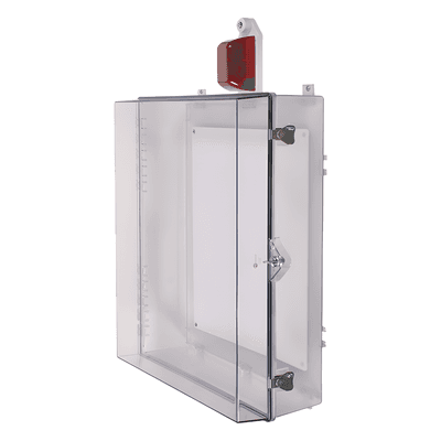 Gabinete de Policarbonato / Sirena-Estrobo Rojo / 32 Tonos / 85-100 dB / Cerradura con Llave / 502x629x186 mm / 1.65x2.06x0.61 ft / NEMA 4X / UL STI-7554 STI