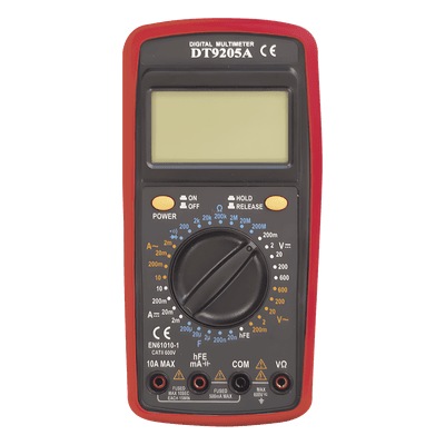 Multímetro Digital / 600 V CC/CA CAT II / 1999 Recuentos / LCD 67 x 42 mm / Corriente 10 A / Resistencia 200 MΩ / HFE Transistores DT9205A PRECISION