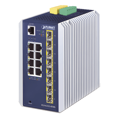 Switch Industrial Capa 3 / 8 Puertos 10/100/1000T / 8 Puertos SFP 1G/2.5G / IP30 / -40 a 75°C / 56 Gbps IGS-6325-8T8S PLANET