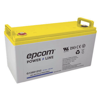 Batería de GEL Ciclo Profundo / 12 V @ 120 Ah / Descarga Máxima 1200 A / Vida Útil 18 Años en Flotación / Certificada UL, CE, IEC, BS, JIS, Eurobat G120D12V2 EPCOM POWERLINE