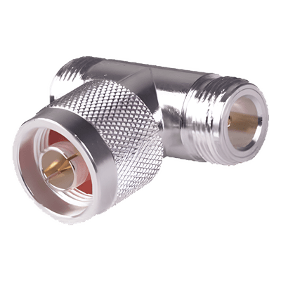 Adaptador RF en T / Conector N Macho a Doble N Hembra / Cuerpo Bronce Plateado / Contacto Oro / Aislante Teflón