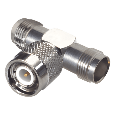 Adaptador RF en T / TNC Macho a Doble TNC Hembra / 50 Ohm / Bronce Niquelado / Contacto Oro / Aislante Teflón