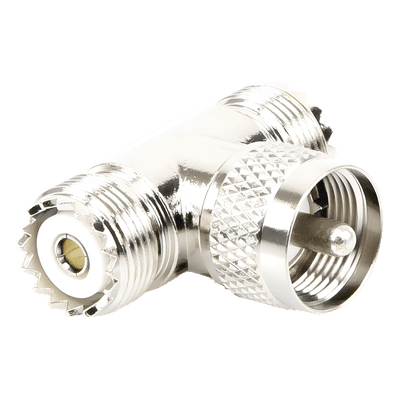 Adaptador RF en T / UHF Macho PL-259 a Doble UHF Hembra SO-239 / 50 Ohm / Níquel-Plata / Delrin RFU-533 RF INDUSTRIES,LTD