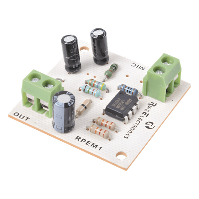 Tarjeta preamplificadora / 3-18 VDC / 30 dB ganancia ajustable / Micrófono electret integrado / Salida por bloque de terminales RPEM1 Ruiz Electronics