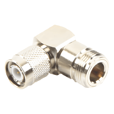 Adaptador Coaxial / Ángulo Recto / TNC Macho a N Hembra / Cuerpo Bronce Niquelado / Contacto Oro 24K / Aislante Teflón RFT-1234-11 RF INDUSTRIES,LTD
