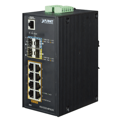 Switch Industrial Administrable / 8 Puertos Gigabit PoE+ / 2 SFP 100/1000X / 2 SFP+ 10G / 306W PoE / -40°C a 75°C / DIN Rail y Pared IGS-5225-8P2S2X PLANET