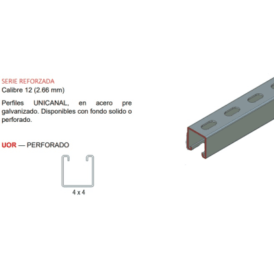 Unicanal Perforado / 4 x 4 cm / 3 m (9.84 ft) / Calibre 12 / Acero Pregalvanizado ANC-UOR-4X4 ANCLO