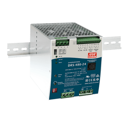 Fuente de Poder Industrial / 480W / Salida 24Vcc 20A / Cargador de Baterías Integrado / Riel DIN / Entrada Universal 90-305Vca DRS48024 MEANWELL