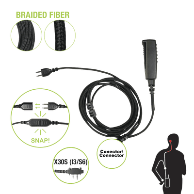 Cable para Micrófono Audífono / Conector Snap Intercambiable / 2 Pines Icom / Cable Trenzado de Fibra / Clip Metálico con PTT 360° SNP-2W-30S-BF PRYME