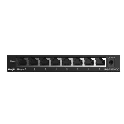 Switch Administrable Gigabit / 8 Puertos 10/100/1000BASE-T / Capa 2 / Switching 16 Gbps / Forwarding 11.9 Mpps / Modo CCTV 250 m (820 ft) / Fanless RG-ES208GC RUIJIE