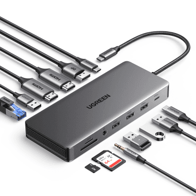 Docking Station USB-C 12 en 1 / 2 HDMI 4K@60Hz + DisplayPort 4K@60Hz / 6 Puertos USB 3.2/3.0 / Gigabit Ethernet / Lector SD/TF / Audio 3.5mm / PD 100W / Triple Pantalla 15978 UGREEN