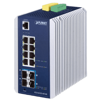 Switch Industrial Capa 3 / 8 Puertos Gigabit / 4 Puertos SFP+ 10G / -40 a 75°C / 136 Gbps / IP30 IGS-6325-8T4X PLANET