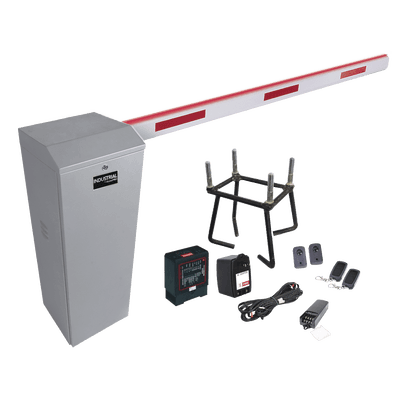 Kit COMPLETO Barrera Derecha XB / Brazo de 5 Metros con Iluminacion LED Rojo-Verde / Incluye Sensor de masa, Transformador, Lazo, Ancla, Fotoceldas 2 Controles Inalámbricos