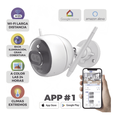 Cámara Bala IP / 2 Megapixel / Doble Lente 2.8 mm / 105° / Visión Nocturna a Color / IR 30 m (98.4 ft) / Wi-Fi 2.4 GHz / IP67 / Audio Bidireccional / Sirena y Luz Estroboscópica