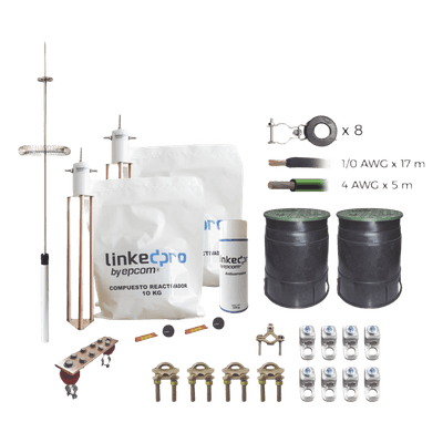Kit de Protección Contra Rayos / Torre 12 m (39.4 ft) / Electrodo Cobre Delta / Pararrayos Aluminio Ionizado / Cable 1/0 AWG