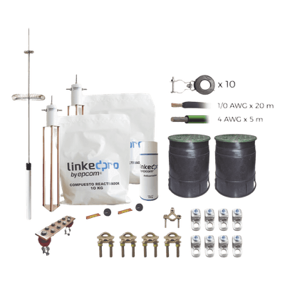 Kit Pararrayo / Torre 15 m (49 ft) / Dipolo Corona Aluminio / Cable Cobre 1/0 AWG / Electrodo 30A / Radio Cobertura 72°