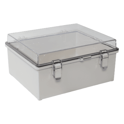 Gabinete Plástico ABS / Puerta Transparente Policarbonato / 300 x 300 x 180 mm (11.8 x 11.8 x 7.1 in) / Uso en Intemperie / Cierre por Broches Inoxidables / Compatible con Placa Interna