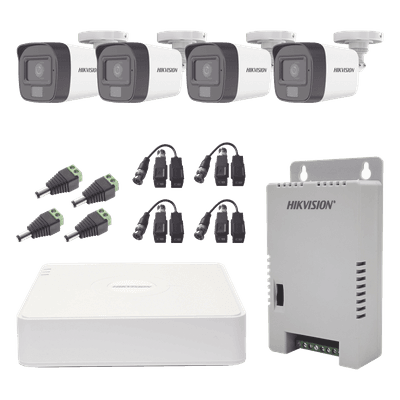 Kit de Videovigilancia TURBOHD / DVR 4 Canales Pentahíbrido / 4 Cámaras Bala 1080p / Audio por Coaxitron / Luz Dual 20 m (65.6 ft) Blanca + 30 m (98.4 ft) IR / IP67 / Fuente 12V/13.5V/15V Seleccionable