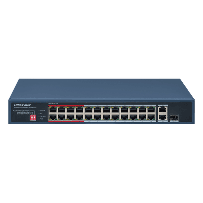Switch PoE+ / 24 Puertos 10/100 Mbps PoE+ / 2 Puertos Gigabit Uplink / 1 Puerto SFP Uplink / Modo Extendido 300 m (984 pies) / 230 W