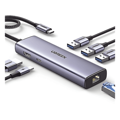Hub USB-C 6 en 1 / 3 Puertos USB-A 3.0 (5 Gbps) / HDMI 4K@30Hz / PD 100W / Gigabit Ethernet / Aluminio