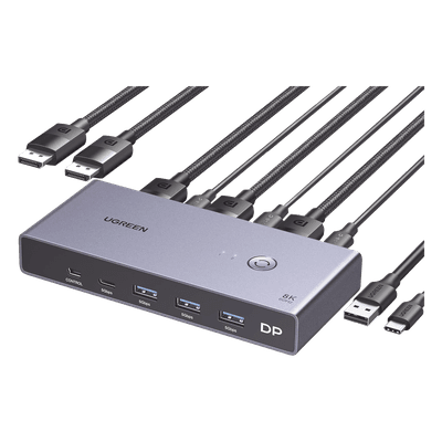Conmutador KVM DisplayPort / 8K@60Hz / HDR / 2×1 DP 1.4 / 4 Puertos USB 3.0 / Carcasa Aluminio