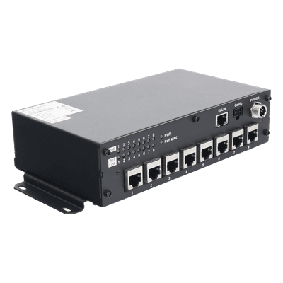 Switch PoE Móvil / 8 Puertos PoE 100 Mbps / 1 Puerto Uplink 1 Gbps / 90 W Total / 9-36 V DC / -20°C a +60°C