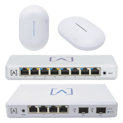 Kit de Red Profesional / Router Gigabit / Switch PoE 8 Puertos / 2 Puntos de Acceso Wi-Fi 6 / Administración en la Nube / Filtrado de Contenido