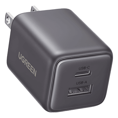 Cargador Rápido GaN / 20 W / Dual Puerto USB-C PD + USB-A QC 3.0 / Ultracompacto 43 x 33.6 x 32 mm