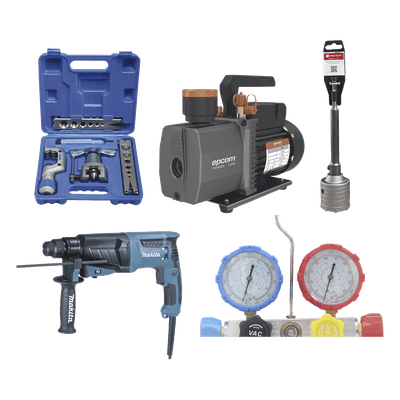 Kit profesional / Bomba de vacío 2 etapas / Manómetro / Kit abocardado / Rotomartillo / Broca / 5.5 CFM / 1/2 HP / 330x120x230 mm / 10.8x3.9x7.5 ft