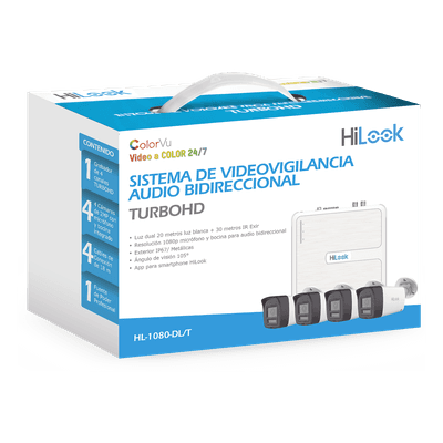 Kit TurboHD / DVR 4 Canales / 4 Cámaras Bala 1080p Lite / Visión Nocturna 20 m (65.6 ft) / Audio Bidireccional / Dual Light / H.265+ / Fuente de Poder Profesional / Cables Siameses 18 m (59.1 ft)