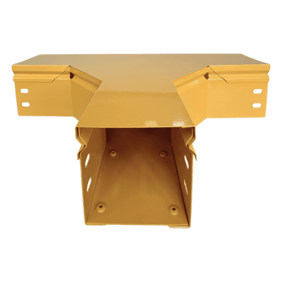 Charola T Horizontal para Fibra Óptica / Aluminio 4" x 4" / Radio de Curvatura 8" / Recubrimiento Epóxico Amarillo / Incluye Tapa y Accesorios
